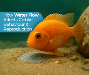 Orange cichlid fish guarding eggs on aquarium floor with text about how water flow affects cichlid behavior and reproduction.