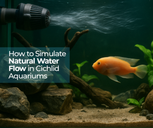 A wavemaker head directs a stream of water over rocky substrate and driftwood as an orange cichlid swims among plants in a freshwater aquarium.